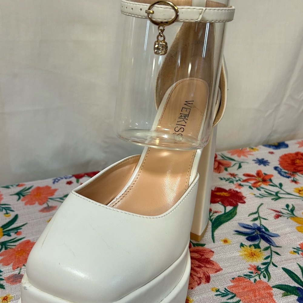 White Platform Heels with Rhinestone Charms - Picture 2 of 6